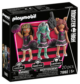 Playmobil Monster High Set mit Cleo de Nile, Frankie Stein und Clawdeen Wolf Cheerleader-Figuren in einer Box.