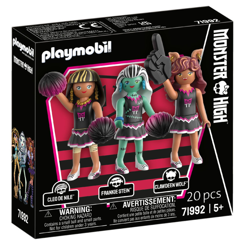 Playmobil Monster High Set mit Cleo de Nile, Frankie Stein und Clawdeen Wolf Cheerleader-Figuren in einer Box.