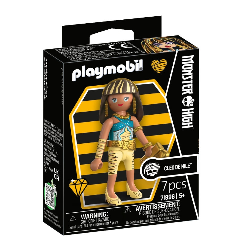 Playmobil Monster High Cleo de Nile Figur in schwarz-gold gestreifter Box, geeignet ab 5 Jahren.