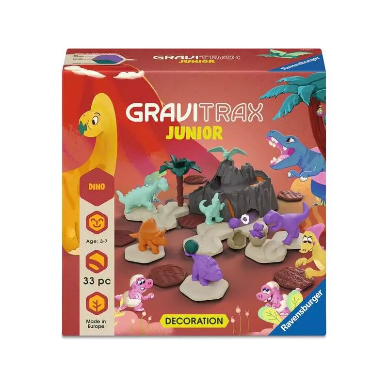 Gravitrax Junior Dino Dekoset mit bunten Cartoon-Dinosauriern und Vulkan auf der Verpackung.