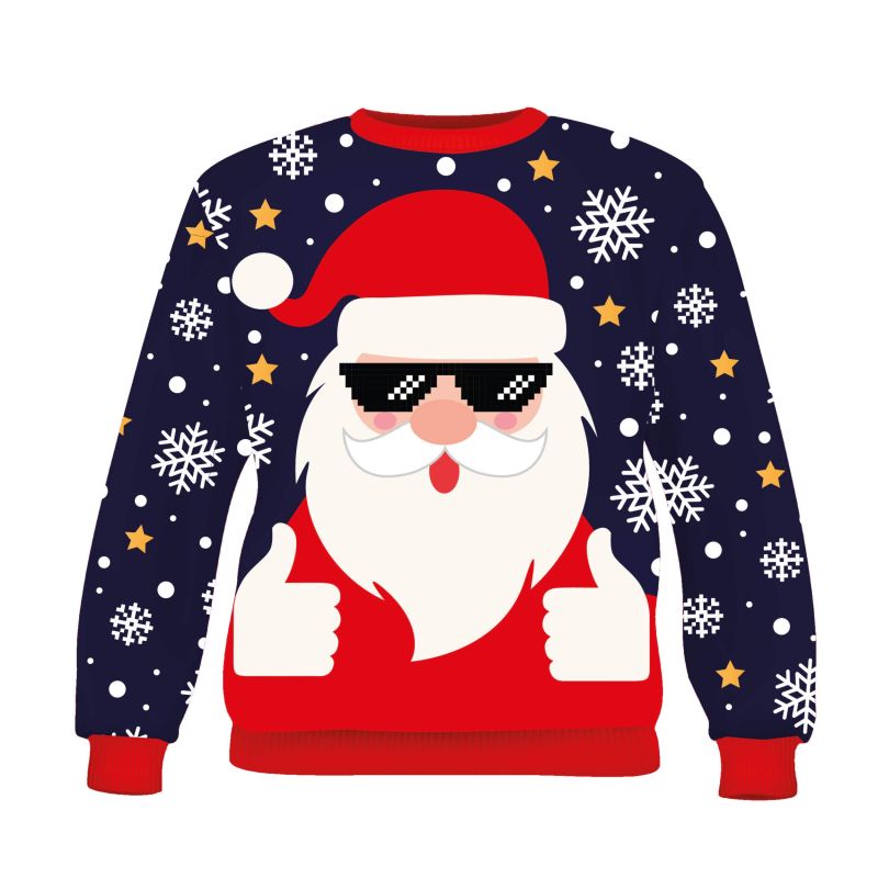 Dunkelblauer Pullover mit Weihnachtsmann in Sonnenbrille, Daumen hoch, umgeben von Schneeflocken und Sternen.