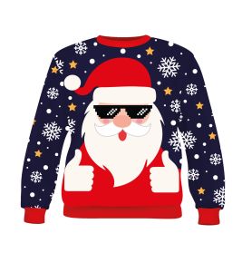 Marineblauer Pullover mit Weihnachtsmann, Sonnenbrille, Daumen hoch, umgeben von Schneeflocken und Sternen.