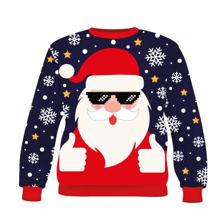 Marineblauer Pullover mit Weihnachtsmann, Sonnenbrille, Daumen hoch, umgeben von Schneeflocken und Sternen.
