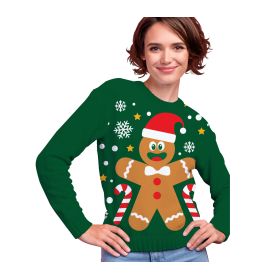 Lächelnde Person in grünem Pullover mit Lebkuchenmann, Zuckerstangen und Schneeflocken.