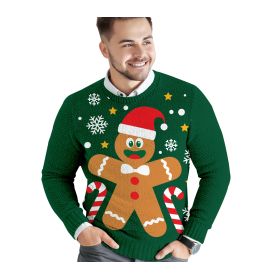 Lächelnder Mann mit grünem Weihnachtspullover, verziert mit Lebkuchenmann, Zuckerstangen und Schneeflocken.