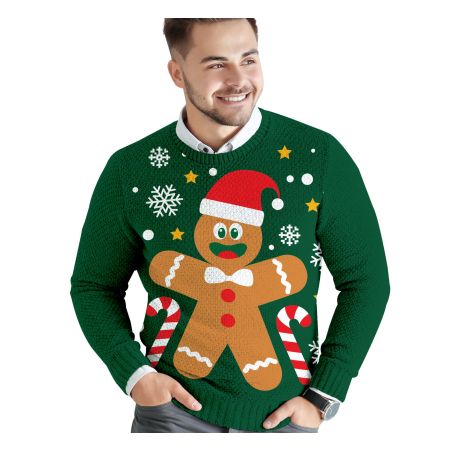 Lächelnder Mann mit grünem Weihnachtspullover, verziert mit Lebkuchenmann, Zuckerstangen und Schneeflocken.
