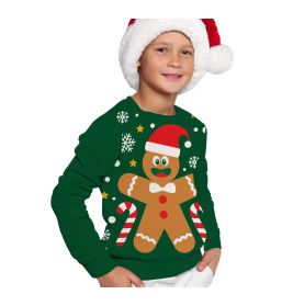 Lächelndes Kind mit Weihnachtsmütze und grünem Pullover mit Lebkuchenmann- und Zuckerstangendruck.