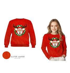 Mädchen in rotem Glitzer-Weihnachtspullover mit Rentier und Kranz Vorder- und Rückseite sichtbar.
