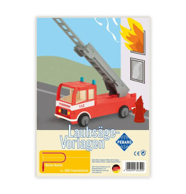 Bastelvorlage Laubsäge-Vorlagen mit Spielzeug-Feuerwehrauto, Leiter, Hydrant und Gebäude.