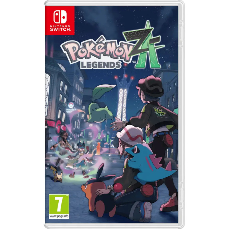 Nintendo Switch Cover von Pokémon Legends ZA mit Trainern und Pokémon in einer nachts leuchtenden Stadt.