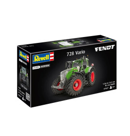 Revell Fendt 728 Vario Modellbausatz mit Abbildung eines grünen Traktors auf schwarzem Hintergrund.