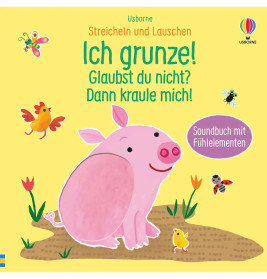 Ein rosa Schwein steht lächelnd auf Gras, umgeben von Vögeln, Insekten und Blumen vor gelbem Hintergrund.