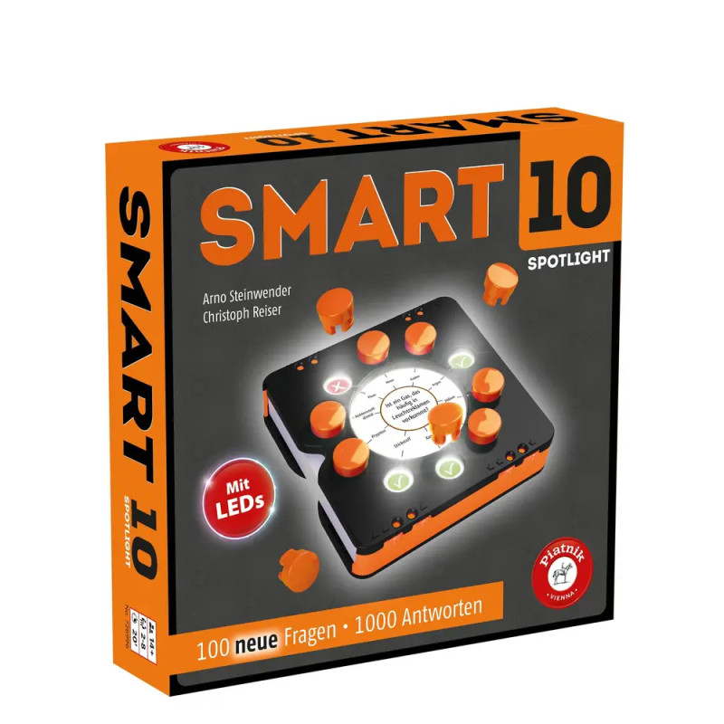 Box des Quizspiels Smart 10 Spotlight mit orangefarbenen Akzenten und abgebildetem Spielgerät mit Knöpfen.