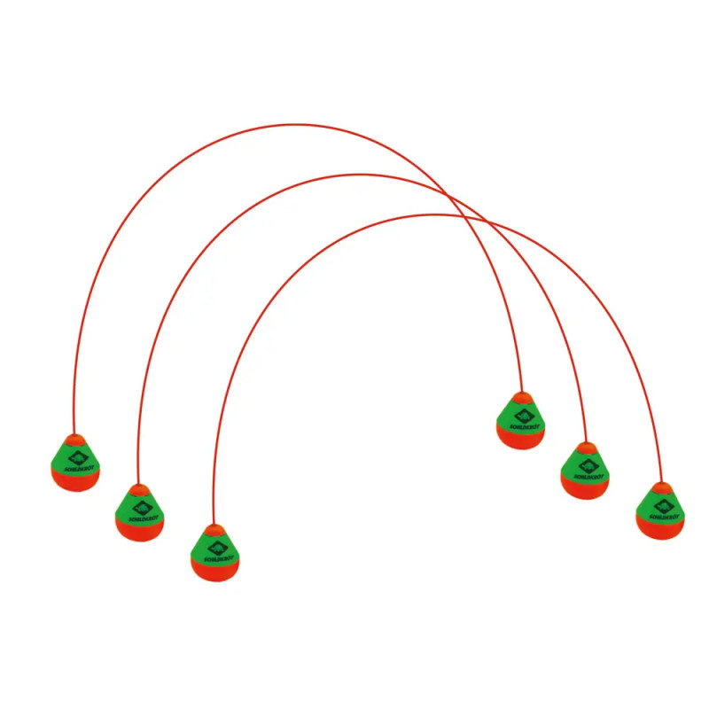 Sechs Kreisel mit roten Schnüren drehen sich auf weißem Grund, jeder zeigt eine bogenförmige Bewegung.
