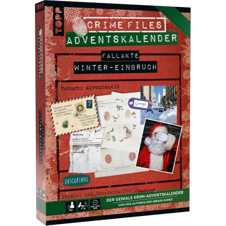 Crime Files Adventskalenderbox mit Detektivthema, Weihnachtsmann, Fingerabdrücken, Hinweisen und verschneiter Stadt.