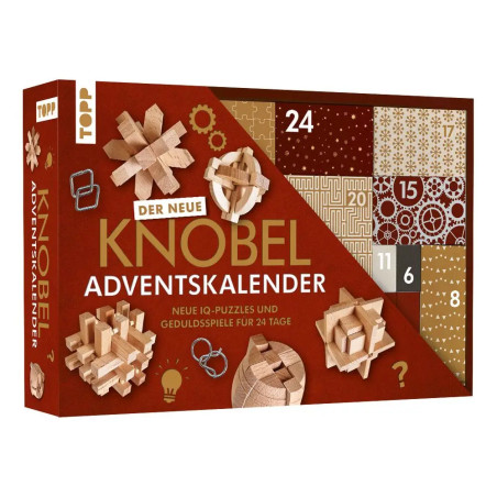 Puzzle-Adventskalender mit Holzbraintainern und 24 nummerierten Türen für jeden Tag bis Weihnachten.