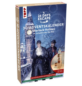 Box eines 3D Escape Room Adventskalenders mit Sherlock Holmes und Big Ben in verschneiter London-Kulisse.