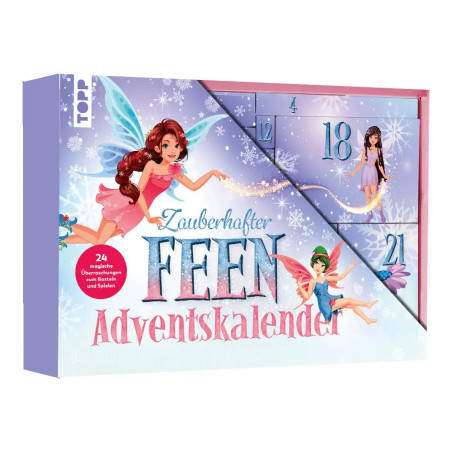 Deutsche Adventskalender-Box mit Feenmotiv, fliegenden Feen, nummerierten Türen und Schneeflocken-Deko.