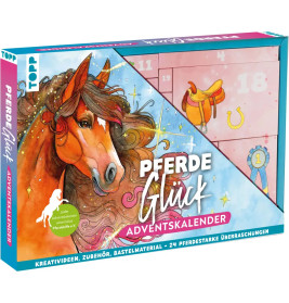 Bunte Pferde Glück Adventskalender-Box mit gemaltem Pferd und pferdebezogenen Accessoires auf dem Cover.