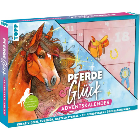 Bunte Pferde Glück Adventskalender-Box mit gemaltem Pferd und pferdebezogenen Accessoires auf dem Cover.