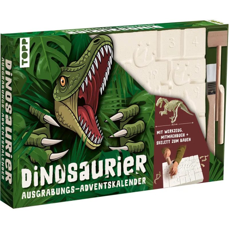 Box eines Dinosaurier-Ausgrabungs-Adventskalenders mit Cartoon-Dino und Ausgrabungswerkzeugen auf der Vorderseite.