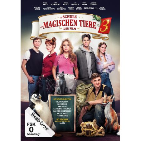 Sechs Jugendliche posieren mit Tieren vor einem Schulbanner auf dem Poster zu Die Schule der magischen Tiere 3.
