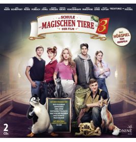 Sechs Teenager posieren mit Tierfiguren und einem Buch vor einem Schild zu Die Schule der Magischen Tiere 3.