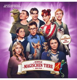 Acht Jugendliche mit magischen Tieren posieren darunter das Filmlogo Die Schule der magischen Tiere 2.