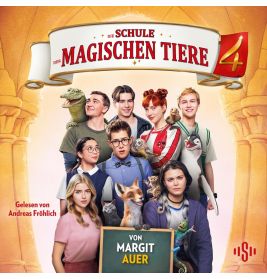 Neun Kinder mit magischen Tierbegleitern stehen unter einem Torbogen mit dem Banner Die Schule der magischen Tiere 4.