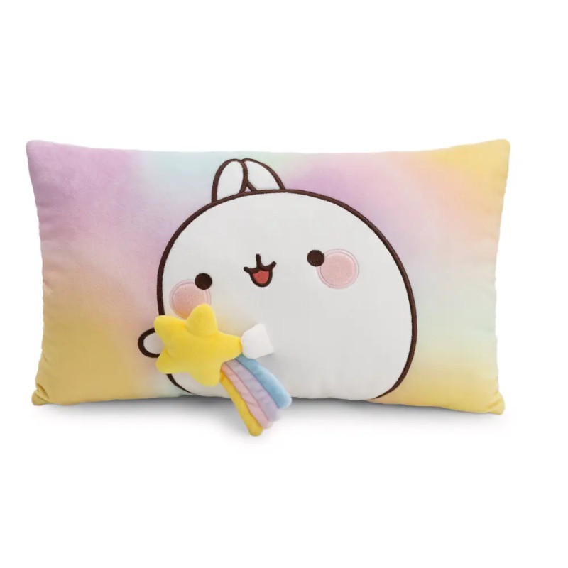 Rechteckiges pastellfarbenes Kissen mit niedlichem Cartoon-Hasengesicht und Plüschstern mit Regenbogenbändern.