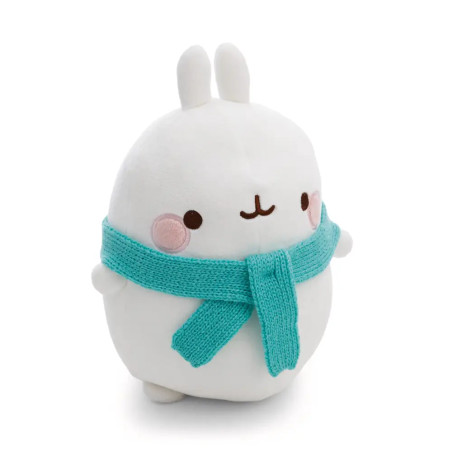 Rundes weißes Plüschkaninchen mit rosa Wangen und türkisfarbenem Schal vor weißem Hintergrund.