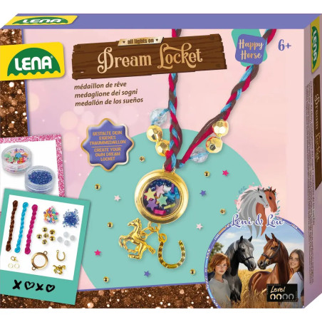 LENA Dream Locket Bastelset mit Schmuckteilen, Medaillon, bunten Kordeln und Pferdebildern für Kinder ab 6 Jahren.