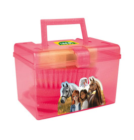 Rosa Kunststoffbox mit Henkel, vorne mit Pferden und zwei Mädchen bedruckt.