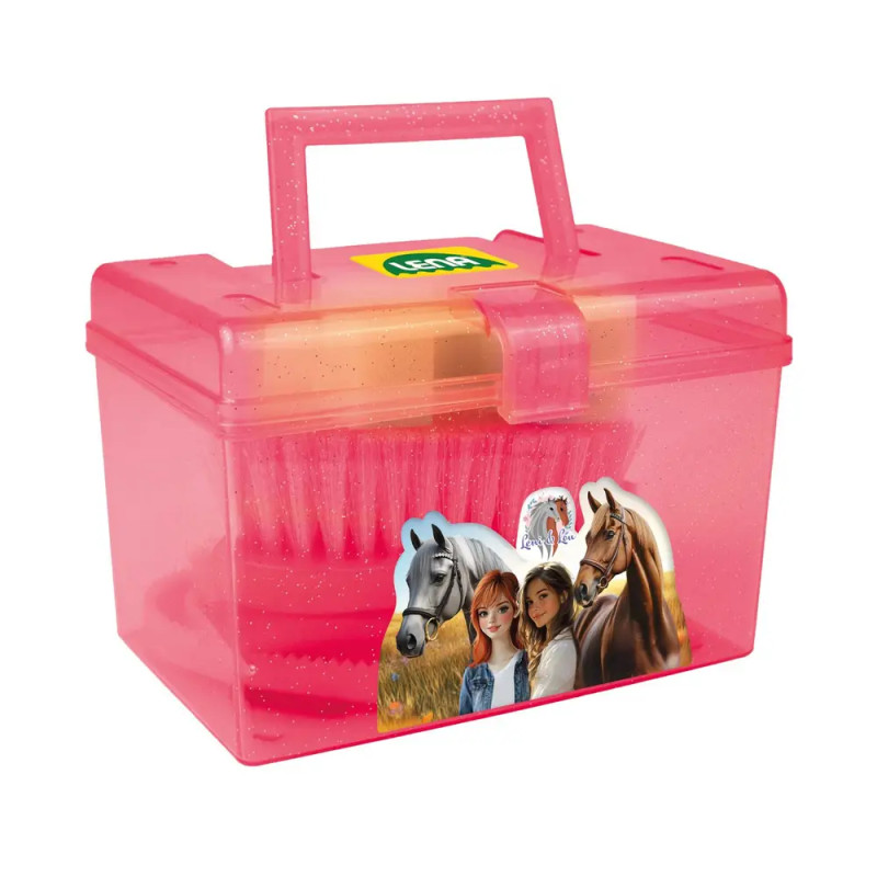 Rosa Kunststoffbox mit Henkel, vorne mit Pferden und zwei Mädchen bedruckt.