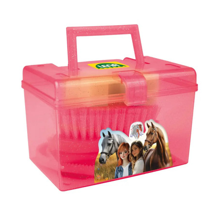 Rosa Kunststoffbox mit Henkel, vorne mit Pferden und zwei Mädchen bedruckt.