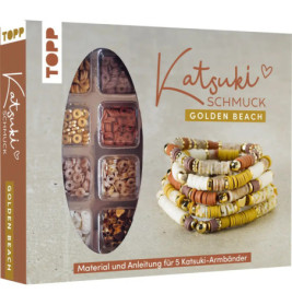 Perlen-Set-Box mit Fächern, Beispielfoto von Armbändern, Aufschrift: Katsuki Schmuck Golden Beach.