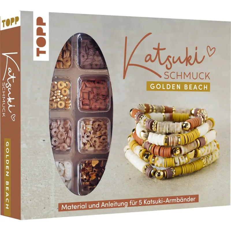 Perlen-Set-Box mit Fächern, Beispielfoto von Armbändern, Aufschrift: Katsuki Schmuck Golden Beach.