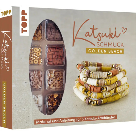 Perlen-Set-Box mit Fächern, Beispielfoto von Armbändern, Aufschrift: Katsuki Schmuck Golden Beach.