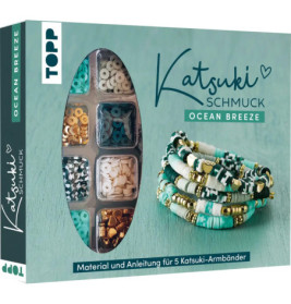 Kit-Box Katsuki Schmuck mit Perlen und Beispielarmbändern in Türkis, Weiß und Gold.
