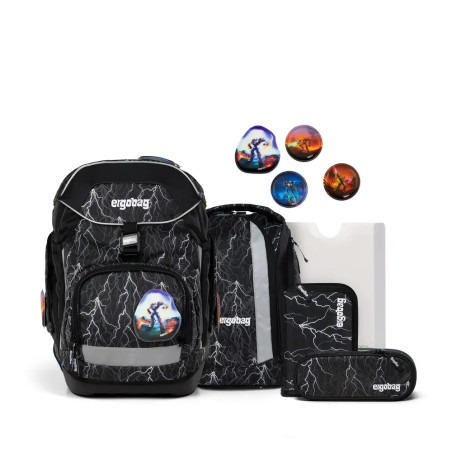 Schwarzes Schulrucksack-Set mit Blitzmotiv, passendem Etui, Mappe und runden Buttons mit Drachendesign.