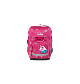 Pinkfarbener Kinderrucksack mit Sternmuster und Einhornmotiv auf der Fronttasche, von vorn betrachtet.