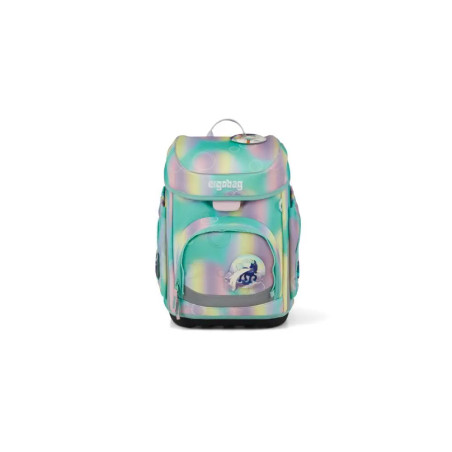 Pastellfarbener Schulrucksack mit kleinem Einhorn-Motiv auf der Fronttasche vor weißem Hintergrund.