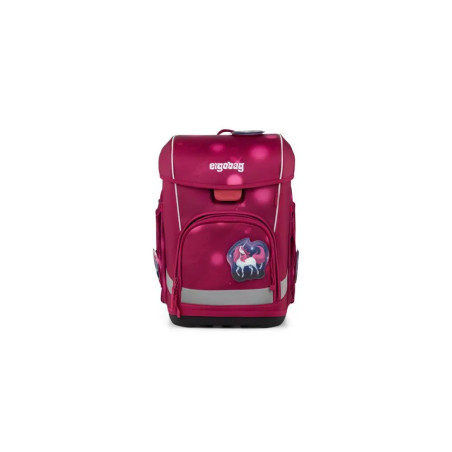 Rosa Schulranzen mit Einhorn-Patch vorne und ergobag-Logo oben.