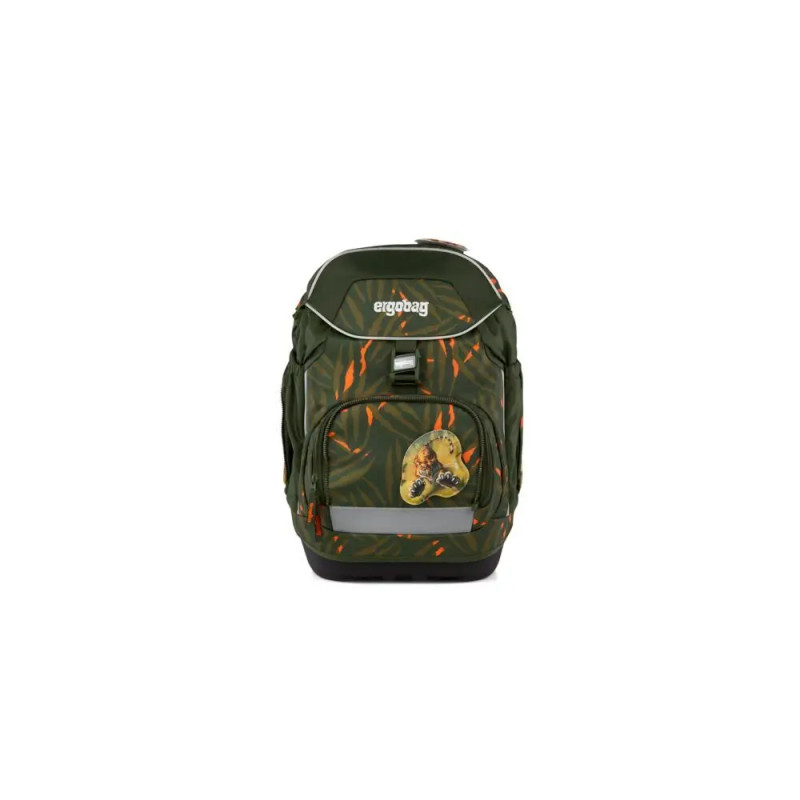 Grüner und oranger Schulrucksack mit Tigeraufnäher auf der Vorderseite, von vorne betrachtet.