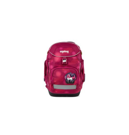 Pinkfarbener Ergobag-Rucksack mit Seitentaschen und kleinem Einhorn-Motiv auf der Fronttasche.