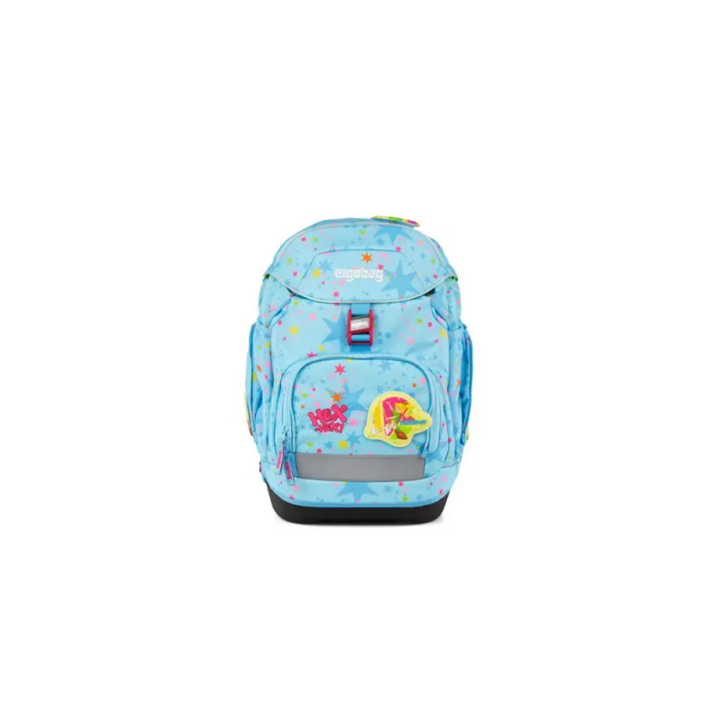 Hellblauer Kinder-Rucksack mit bunten Sternmustern und Cartoon-Patches auf den Fronttaschen.