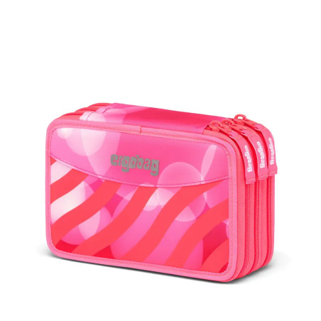 Pinkes Federmäppchen mit drei Reißverschlüssen, roten Wellenstreifen und ergobag-Logo auf der Vorderseite.