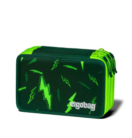 Grünes Mäppchen mit neongrünen Blitzmustern und ergobag-Logo auf der Vorderseite.
