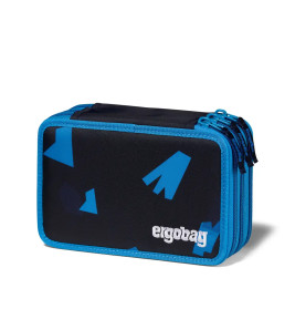 Blau-schwarzes, rechteckiges Federmäppchen mit geometrischen Mustern und ergobag-Logo auf der Vorderseite.