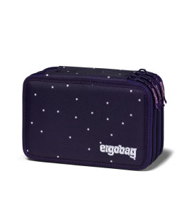 Dunkelviolettes Mäppchen mit weißen Punkten, ergobag-Logo und drei Fächern mit Reißverschluss.